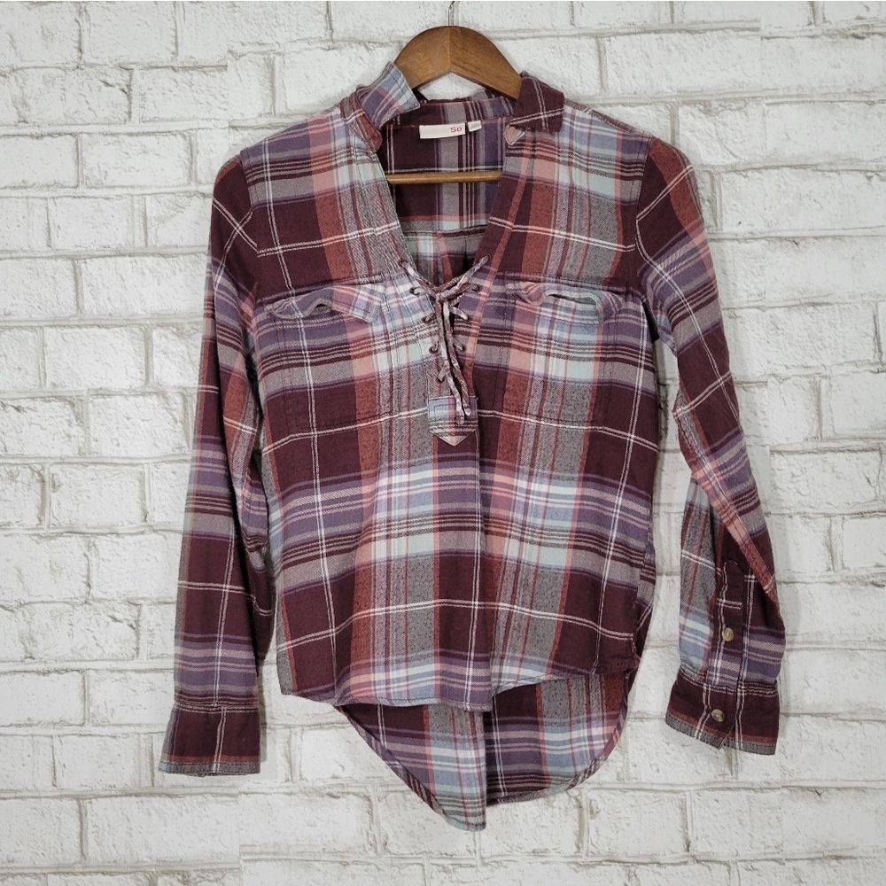 SO flannel lace up long sleeve top